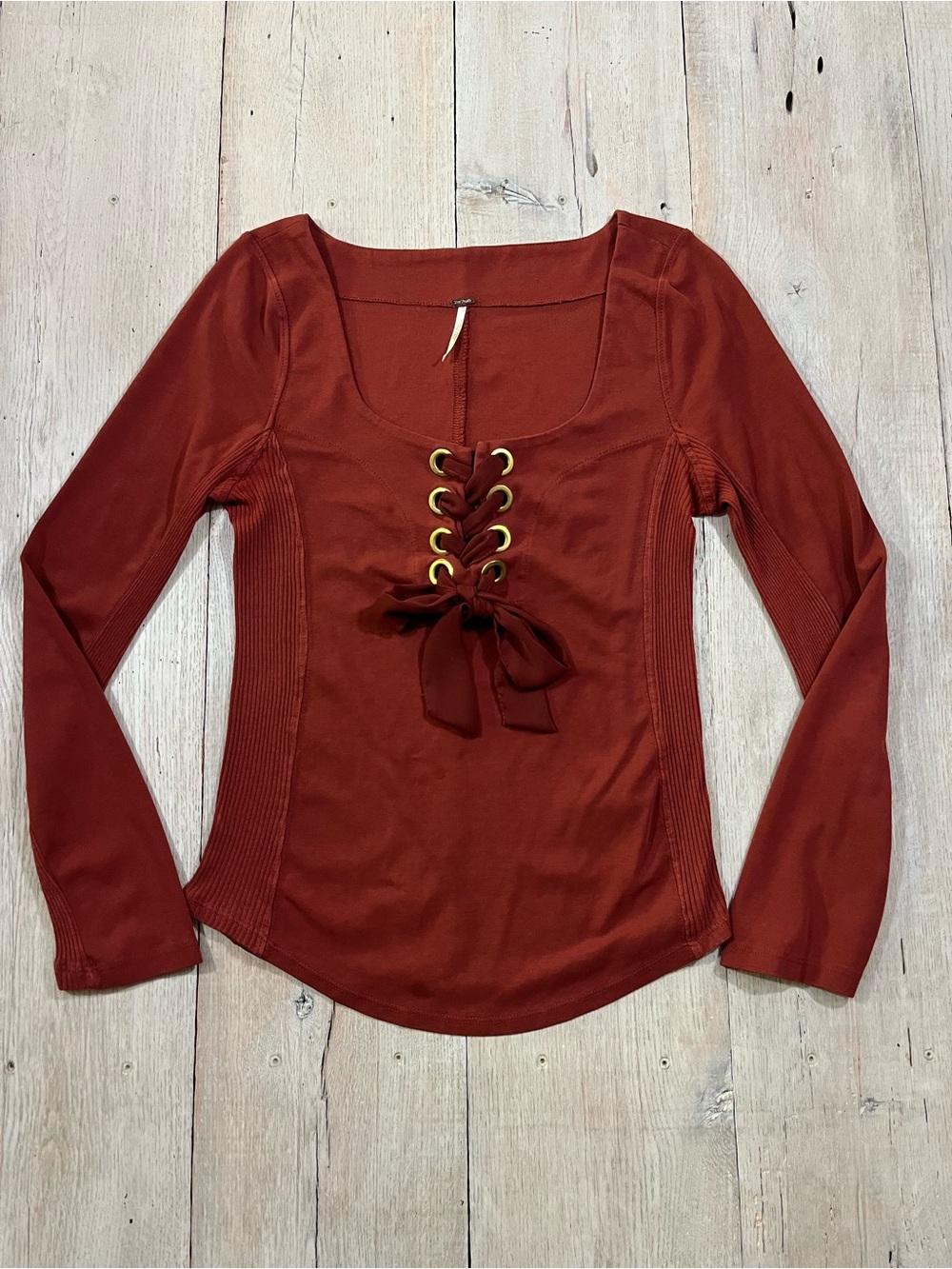 Free People Rust Red Looking Back Lace-Up Long Sleeve Top Size L